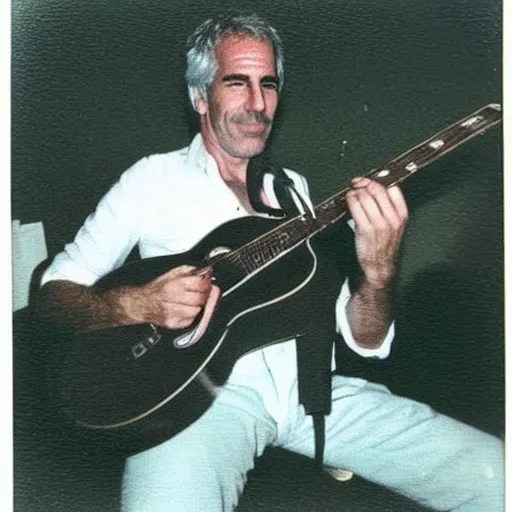 Prompt: polaroid photo of jeffrey epstein playing guitar, 1 9 8 0 s,