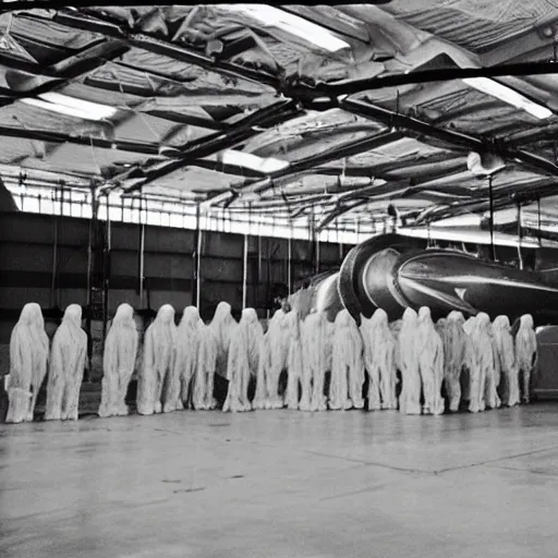 Image similar to spooky alien ship inside a hanger, old photo, vintage photo, grainy, realistic, real photo, men in hazmat suits standing around