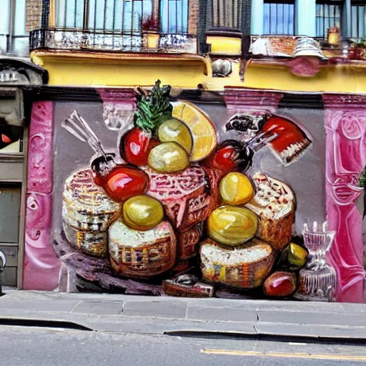 Image similar to by reginald marsh eclectic sangria. a street art of a city made entirely out of kulich, a traditional russian easter bread. the city is bustling with activity. the street art is playful & whimsical, with a touch of magic.