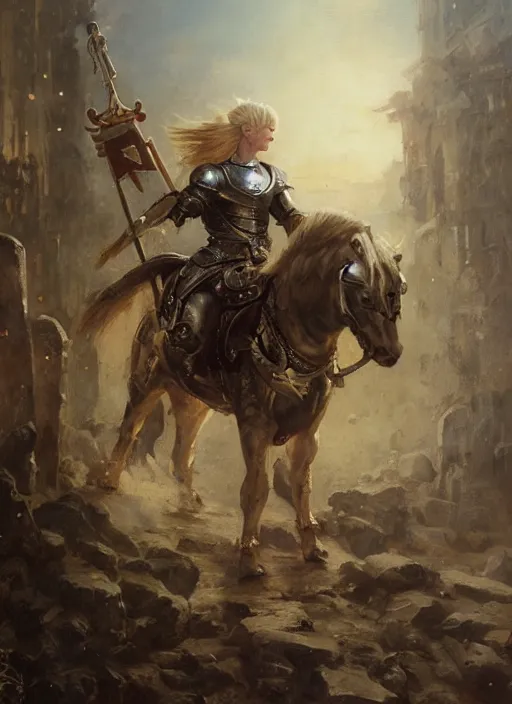 Image similar to short muscular blonde woman wearing realistic medieval armour, mackenzie davis, detailed by gaston bussiere, bayard wu, greg rutkowski, maxim verehin, greg rutkowski, masterpiece, sharp focus, cinematic lightning