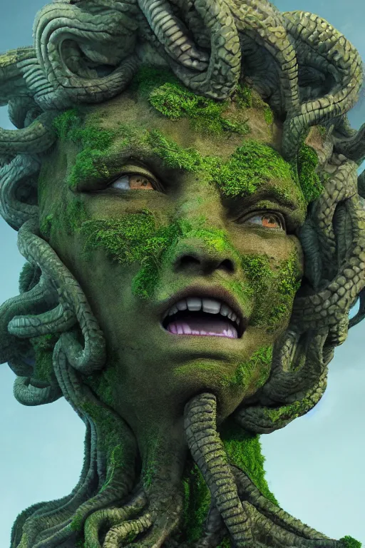 Image similar to giant medusa head of stone, mossy stone, deep jungle, octane render, unreal engine, trending on artstation, ultra detailed, realistic, cinematic lighting, astmopheric, 8 k