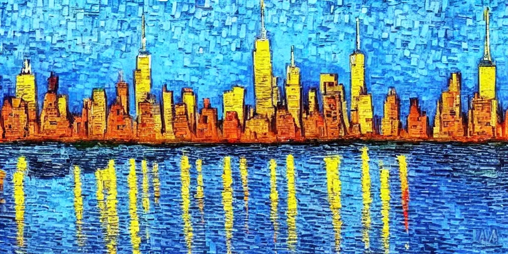Image similar to new york city skyline painted in the style of vincent van gogh