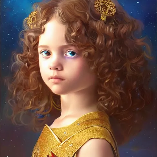 Prompt: a little girl with short wavy curly light brown hair and blue eyes, a space empress in byzantine style. beautiful highly detailed face, painting by ilya kuvshinov and artgerm and greg rutkowski.