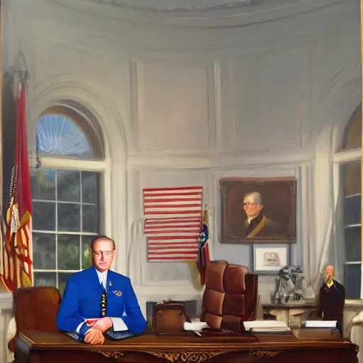 Prompt: official portrait of the united states president, 1 9 4 1. president marvin sparrow. commanding general in the great anglo war, senator and governor from california, and now at 6 1 years old holds the highest office. resolute desk, oval office, american flag, oil on canvas painting by noah parelez, trending on artstation