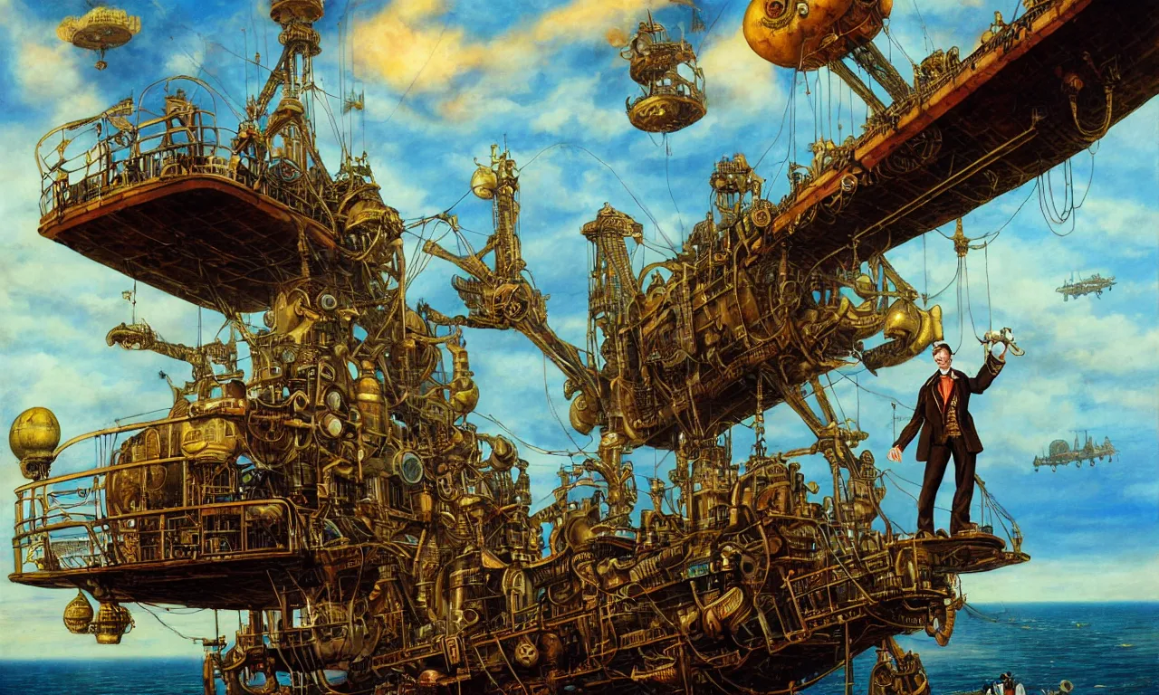 Image similar to close up of a gentleman navigator standing on deck of his steampunk airship flying over a vast ocean of a very large language model, observing giant flying robot harvesters collecting data relations in the background, painted by josh kirby, ligne claire, very detailed and colorful, low light