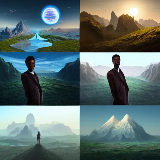 Image similar to a collage of four pictures with a man standing in the middle, a detailed matte painting by senior environment artist, behance, afrofuturism, matte painting, terragen, reimagined by industrial light and magic
