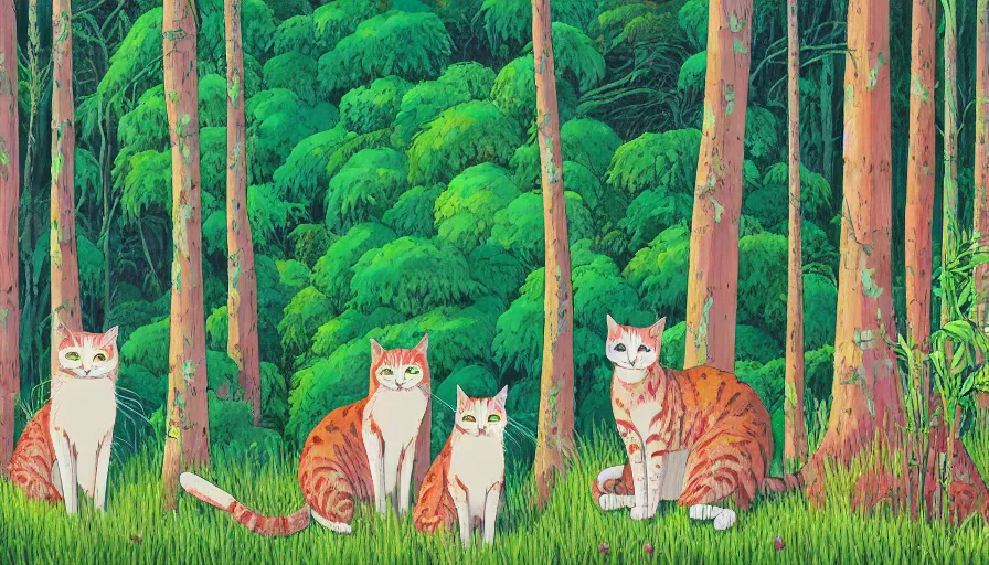 Prompt: highly detailed contemporary acrylic painting of really tall sitting cats by studio ghibli, thick brush strokes and visible paint layers, dense overgrown forest background, vivid pastel color scheme