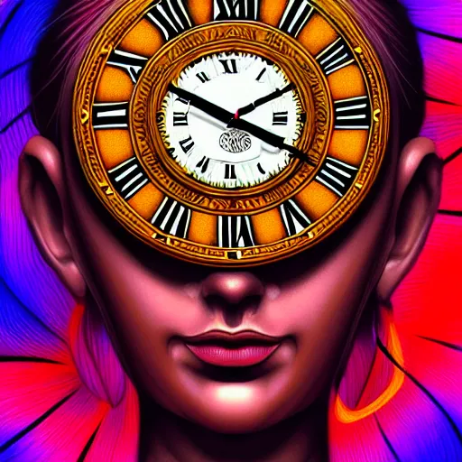 Prompt: An extremely psychedelic portrait of a clock, surreal, LSD, face, detailed, intricate, elegant, lithe, highly detailed, digital painting, artstation, concept art, smooth, sharp focus, illustration