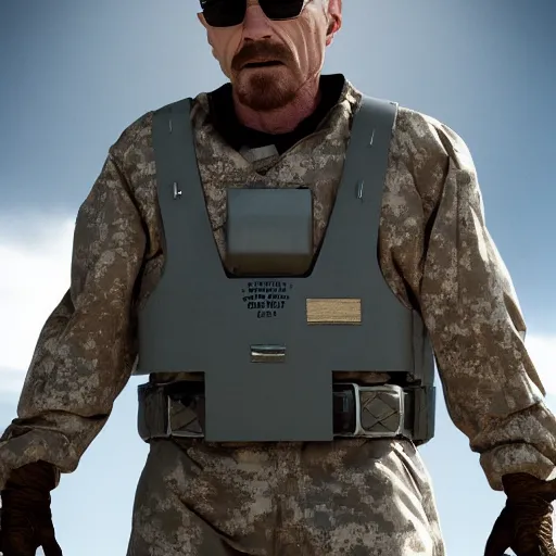 Image similar to Photo of Walter White wearing heavy modern military gear and holding a bulletproof shield, highly detailed, 8k