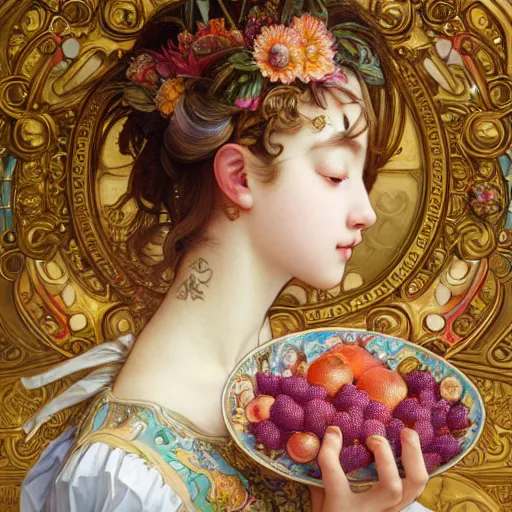 Image similar to a masterpiece ultrarealistic ultradetailed portrait of beautiful love fishmonger jewelry genius girl on fruits street market baroque renaissance. medium shot, intricate, elegant, by stanley artgerm lau, wlop, alphonse mucha, rossdraws, andrei riabovitchev, yoshitaka amano. flower background my james jeand and takashi murakami.