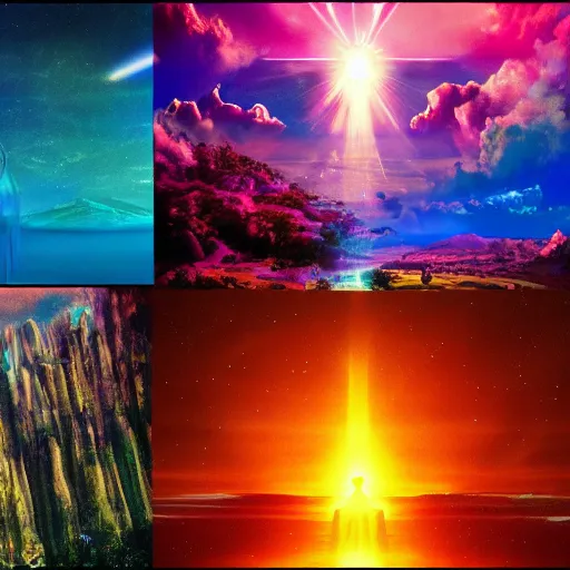 Image similar to Shots of an unreleased spiritual marvel movie, landscape, 8K, photorealistic, high cohesiveness, psychedelic, concept art, vaporwave