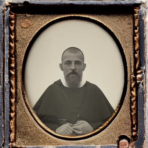 Image similar to tintype photograph of medieval monk, medieval abbot, italian monastery, medieval photograph