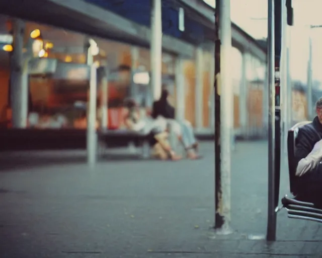 Image similar to a lomographic photo of russian lone man sitting in bus station at early evening in small town, cinestill, bokeh, out of focus