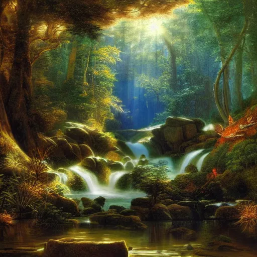 Image similar to a forest oasis, rock pools, harmony of nature, infinite dawn, angelic light, sparkling dew, by asher brown durand, by iyoshitaka amano