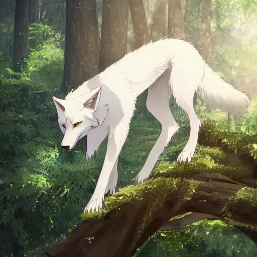 Prompt: highly detailed digital art of a magestic white wolf standing on an overgrown fallen tree trunk, lush surroundings, sunshine, kimi no na wa, trending on artstation, tranquil, landscape, super wide angle,