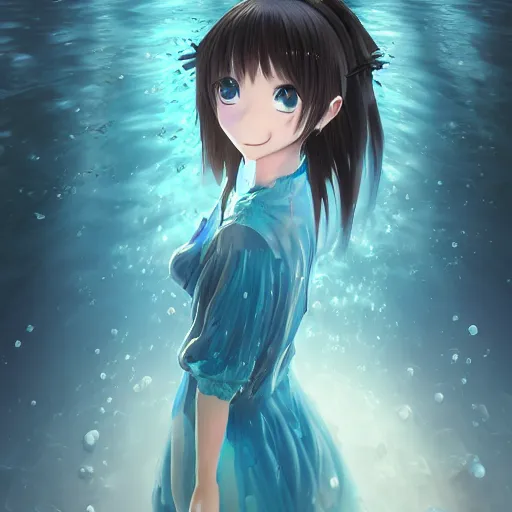 Prompt: advanced digital art, a very cute anime girl wearing a dress made of water standing in a crystal lake turning into mist , full body, very long black hair, azure blue watery eyes, full round face, cinematic lighting, MCU, mid-shot, highly detailed, trending on artstation, Unreal Engine 4k, Stanley Artgerm Lau, WLOP, Rossdraws, James Jean, Andrei Riabovitchev, Marc Simonetti, and Sakimichan