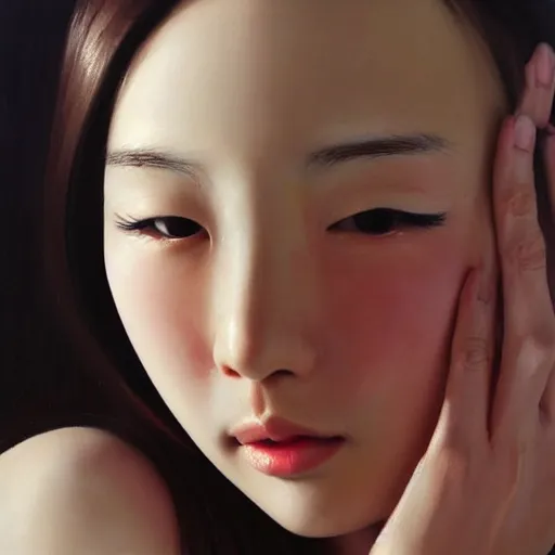 Image similar to perfect, realistic oil painting of close-up japanese girl face, by an American professional senior artist, Hollywood concept, dynamic composition and motion, postproduction.