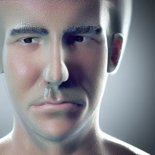 Image similar to dramatic closeup a man who's face is made of bubble wrap plastic, a finger is popping one of the bubbles, realistic blender render, translucency and subsurface scattering