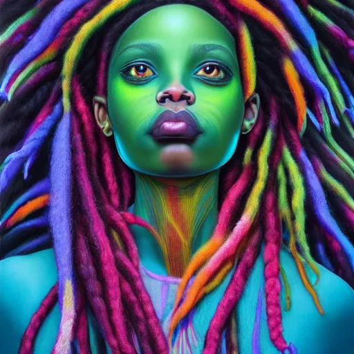 Prompt: a wide angle shot of a black girl with colorful dreadlocks in a field of candy, by Adi granov and afarin sajedi and amanda sage and evgeni gordiets and Agostino Arrivabene and adonna khare in a psychedelic portrait style, ultrarealistic matte painting, volumetric lighting, fractal, extremely symmetrical, highly detailed face, orisha, 8k, hd