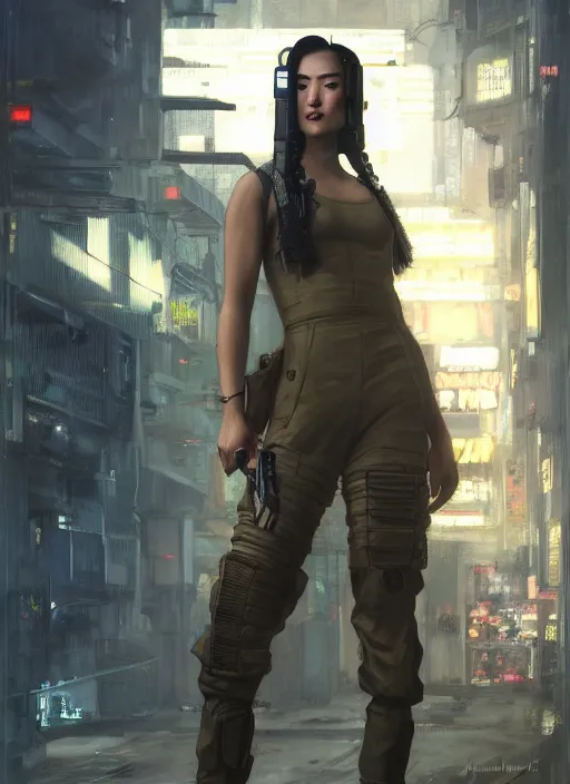 Prompt: Makate. dangerous beautiful cyberpunk female Asian USN marine wearing a military vest and military jumpsuit (cyberpunk 2077, bladerunner 2049). gorgeous face. Iranian orientalist portrait by john william waterhouse and Edwin Longsden Long and Theodore Ralli and Nasreddine Dinet, oil on canvas. Cinematic, hyper realism, realistic proportions, dramatic lighting, high detail 4k