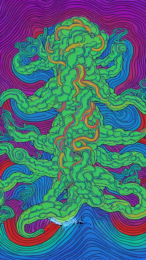 Image similar to a portrait of a lernaean hydra with human heads and psychedelic arms on an acid trip in a multicoloured rainbow in the cosmos, flat design, screen print by Kawase Hasui and alex grey, 8k unreal engine