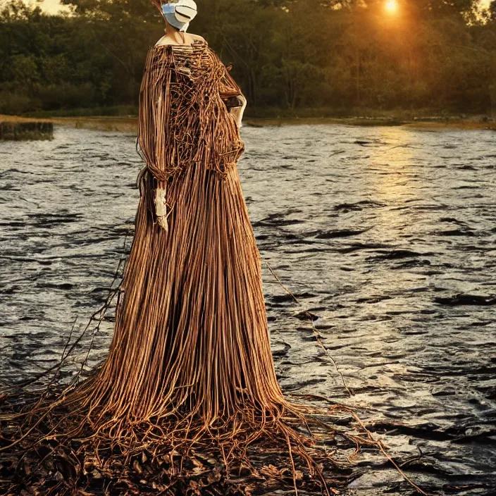 Prompt: a woman with a mask made of wires and bark standing next to a river, golden hour, vogue magazine