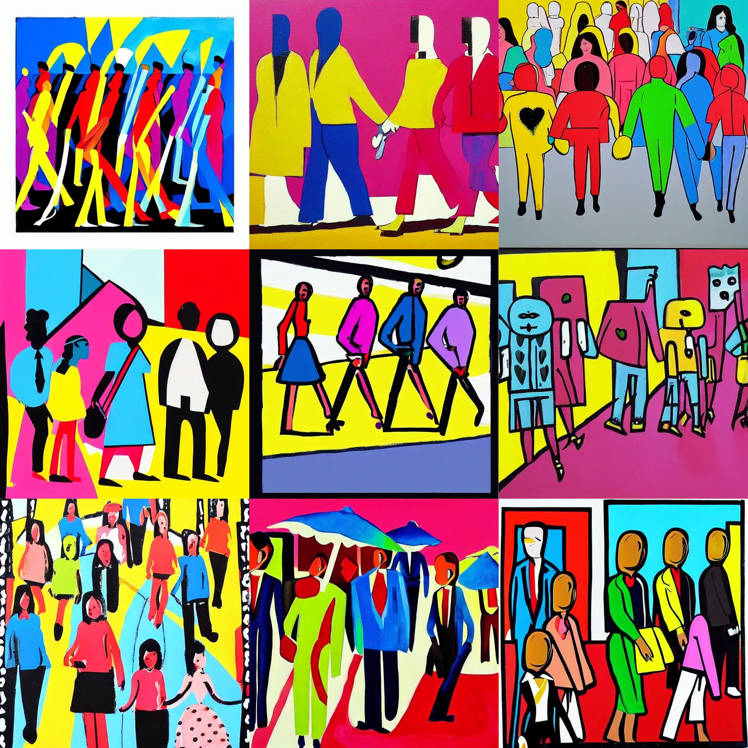 Prompt: a painting of a group of people walking across a street, a pop art painting by jacques daret, behance contest winner, naive art, artwork, 1 9 7 0 s, art on instagram