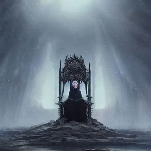 Image similar to of a beautiful black haired woman with pale skin and a crown on her head sitted on an intricate metal throne in eerie atmospheric alien worlds, epic cinematic matte painting, art by greg rutkowski