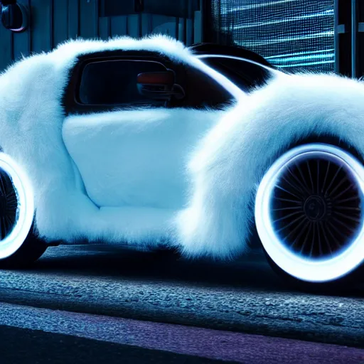 Image similar to a fluffy roadster covered with white fur and looked like a cat, parking in the street, Cyberpunk, neon light, front view, 4k, hd, highly detailed