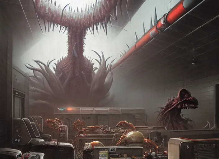 Image similar to scene inside a gas station with harsh industrial lighting, giant monstrous aggressive spiked creature screaming at the camera, epic science fiction horror digital matte painting by Moebius and Mark Brooks (and Greg Rutkowski), extremely detailed, artstation