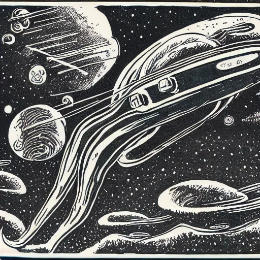 Prompt: drawing of a giant squid attacking a spaceship above an alien landscape, vintage sci-fi, nineteen seventies, pulp style, highly detailed, by Roland Topor