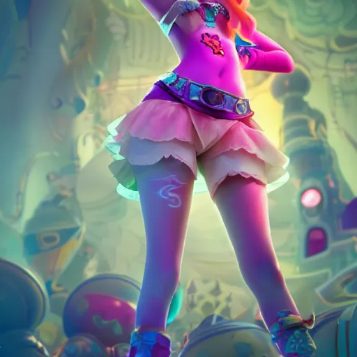 Prompt: Princess peach mixed with jinx from league of legends, dancing, background with neon lighting, raytrayced, octane render, epic composition, intricate details, hyperrealist, by Joe Benitez, WLOP, Alessandro Barbucci, Barbara Canepa