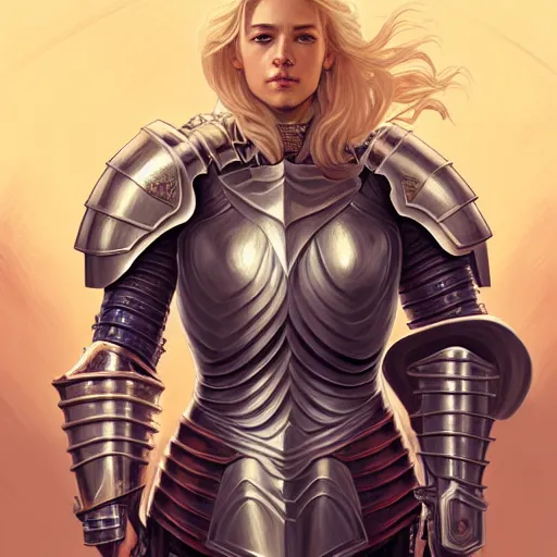 Image similar to Portrait of a female Paladin with blonde hair wearing a heavy knight armor, face, fantasy, intricate, elegant, highly detailed, digital painting, artstation, concept art, smooth, sharp focus, illustration, art by Wei Fan and Fernanda Suarez and Artem Demura and alphonse mucha