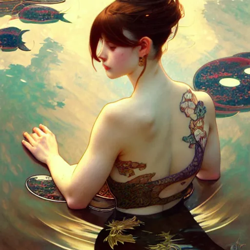 Image similar to Portrait of a girl surrounded by Koi fish, face, fantasy, intricate, elegant, highly detailed, digital painting, artstation, concept art, smooth, sharp focus, illustration, art by Krenz Cushart and Artem Demura and alphonse mucha