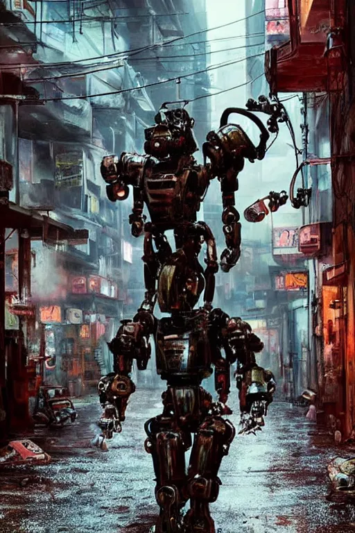 Prompt: a mech like robot with treads swinging a samurai sword. Rainy Grungy neon cyberpunk alleyways in the background Badass pose , Photo realistic , Gregory Crewdson , Award winning. Masterpiece, exquisite detail, post processing