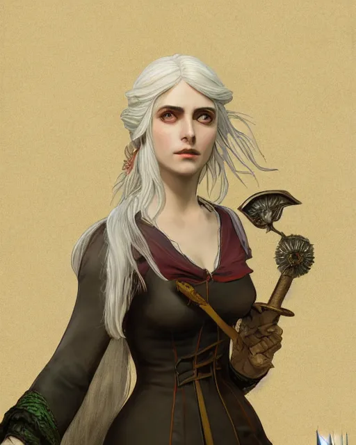 Prompt: Pre-Raphaelite Ciri from Witcher 3 by Studio Ghibli and UFO Table, intricate, elegant, highly detailed, digital painting, pale