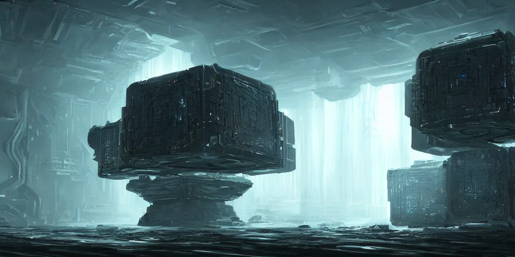 Image similar to an environmental concept art of the borg cube, highly detailed, environmental light, cinematic by francis tneh