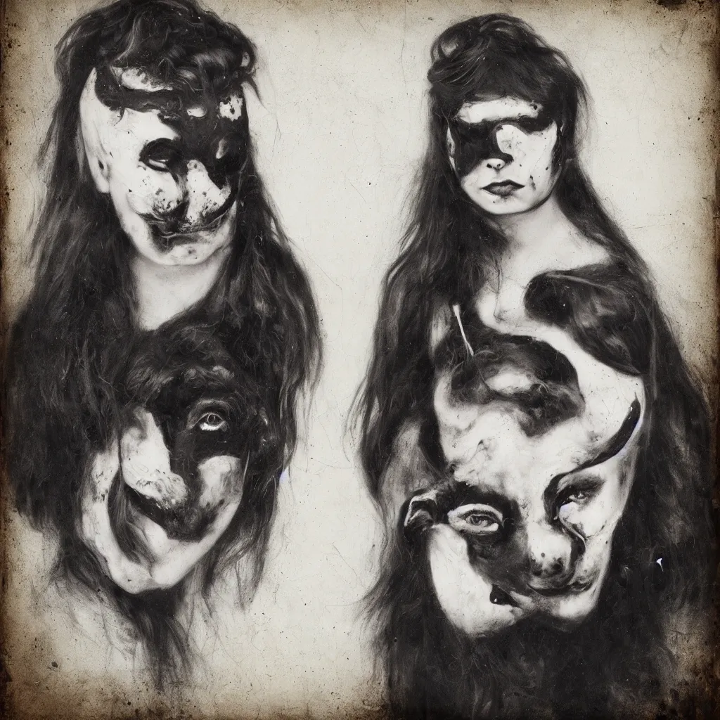 Prompt: tintype of a girl with black goat mask, hyperrealistic, detailed
