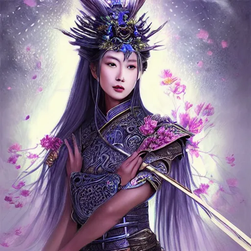 Image similar to beautiful ancient fantasy portrait of wuxia armor heroine, wearing Xian Xia wardrobe, in forbidden City, hybrid from Dynasty Warriror, flowers sea rainning everywhere, intricate, very very beautiful, elegant, highly detailed, digital painting, beautiful glowing galaxy eyes, human anatomy, hyperrealistic, soft light, dynamic, artbreeder, artstation, fantasy concept art, smooth, sharp focus, illustration, art by alphonse mucha and tian zi and WLOP
