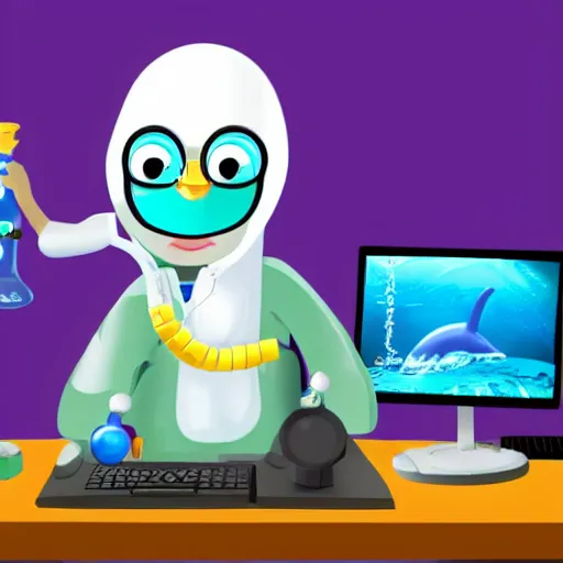 Prompt: A dolphin wearing a chemist outfit, playing games on a computer