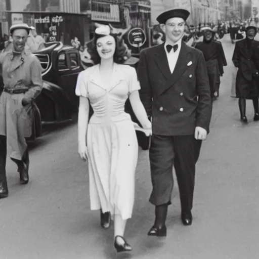 Prompt: 1940s photo of drake walking 5th Avenue in a dress