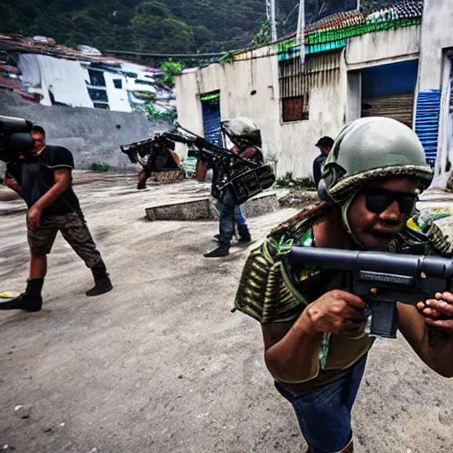 Prompt: aliens invaded favela with heavy guns