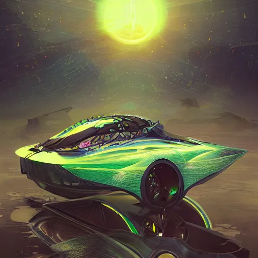 Image similar to solarpunk hovercar, clean energy, green technology, batoidea shape, airspace, sunny day, futurism, intricate, engines, glow, highly detailed, peaceful, utopia, bright, digital painting, artstation, concept art, smooth, sharp focus, epic landscape, art by akihiko yoshida and tim mcburnie and anato finnstark