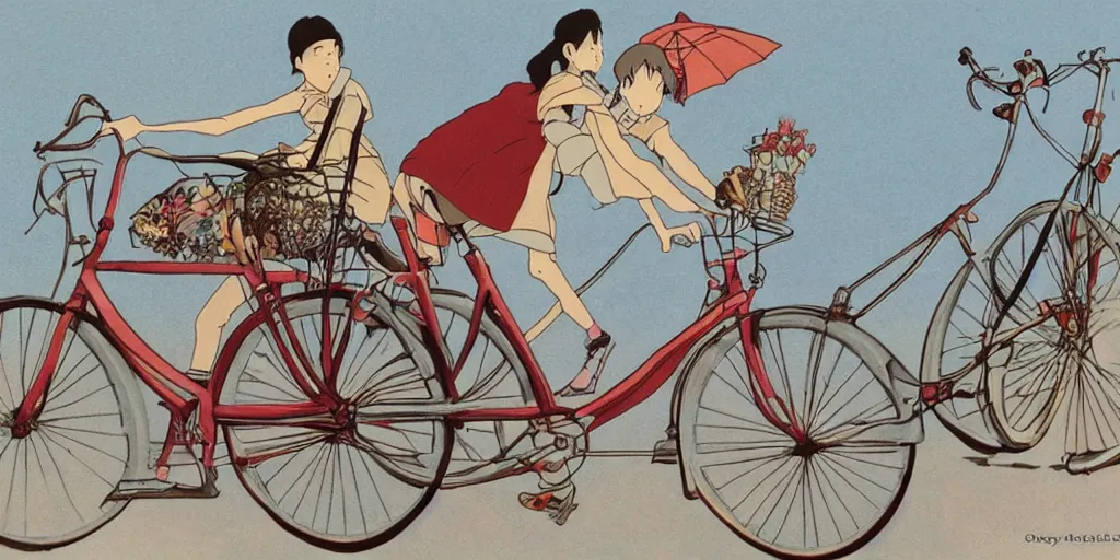 Image similar to bicycle, there are two people on the bike, ride on a bicycle, lovely, by hayao miyazaki