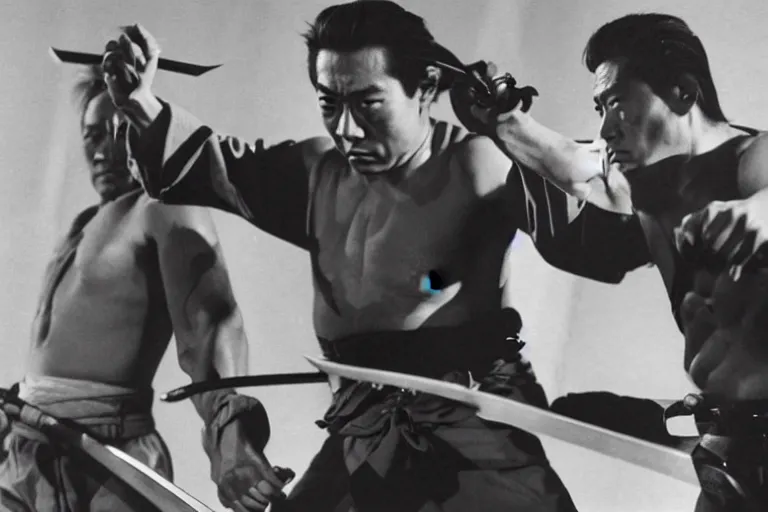 Prompt: toshiro mifune and tatsuya nakadai swordfight from the film by akira kurosawa