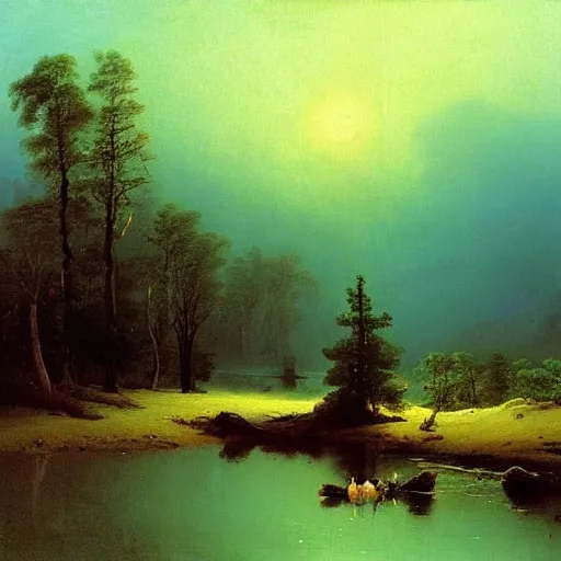 Image similar to aivazovsky's painting. forest landscape. oil on canvas, a masterpiece in the style of aivazovsky.