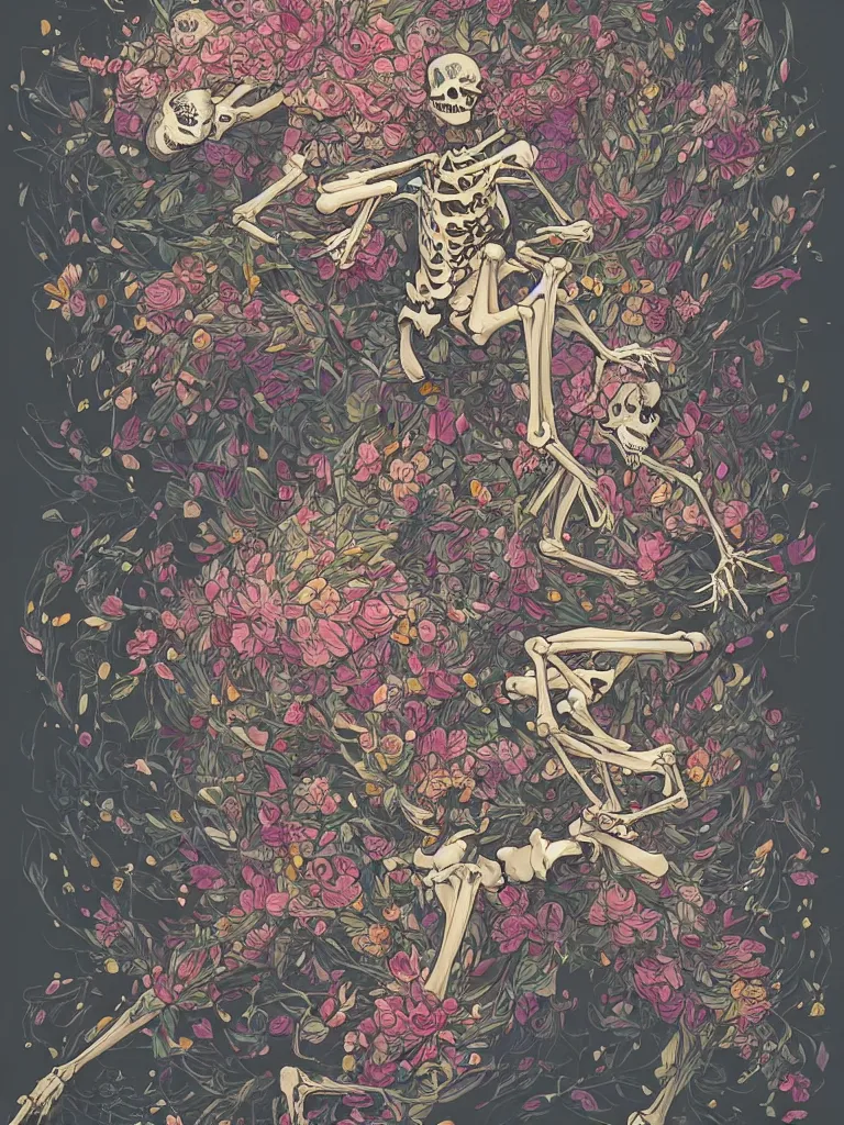 Prompt: a photo of a skeleton covered in flowers in a dynamic pose, in the style of james jean and peter mohrbacher, highly detailed, soft lighting, trending on artstation