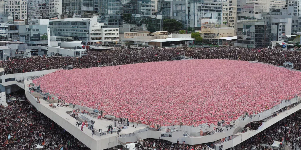 Prompt: million of people standing on the biggest sushi in the world