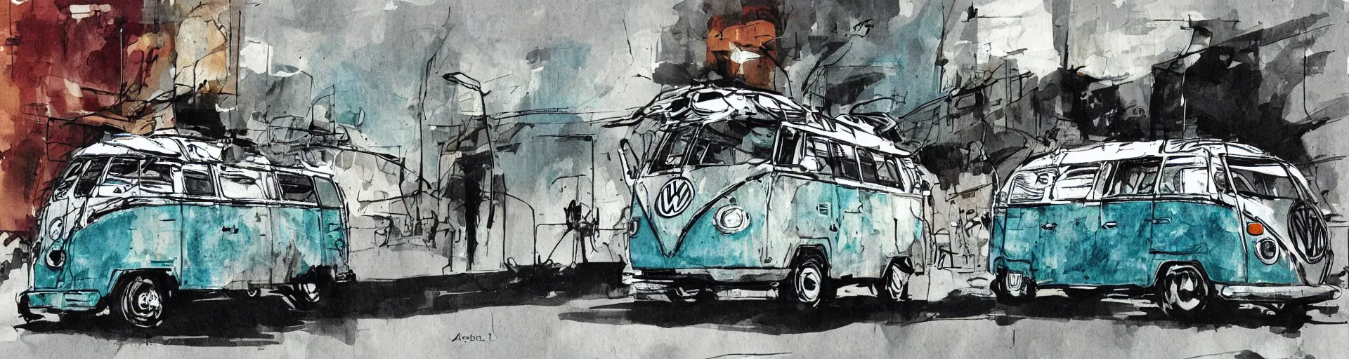 Image similar to vw bus on a street, illustration by ashley wood