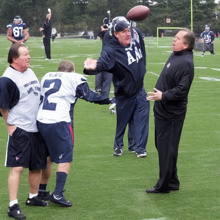 Prompt: A frustrated coach Belichick attempting to teach a visibly drunk player how to play football